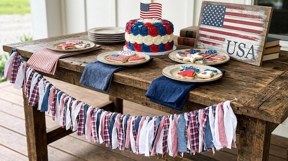 Red White Blue 60” Fabric Garland | Patriotic July 4th Mantel Bunting | USA Farmhouse Decor