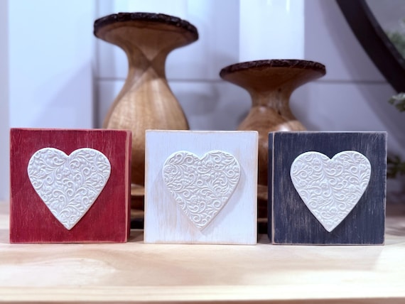 Set of 3 Red, White & Blue Heart Signs | Embossed Clay | 4th of July Decor
