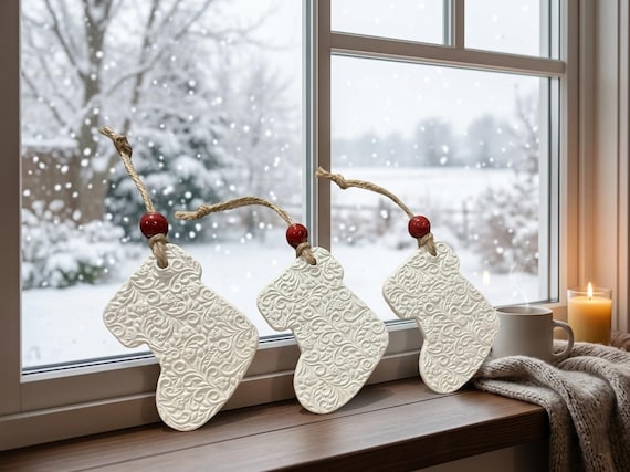 Christmas Stocking Ornaments Set of 3 | White Embossed Clay | Modern Farmhouse Decor