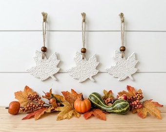 Modern Farmhouse Maple Leaf Ornaments, Set of 3 | textured white clay Thanksgiving favors