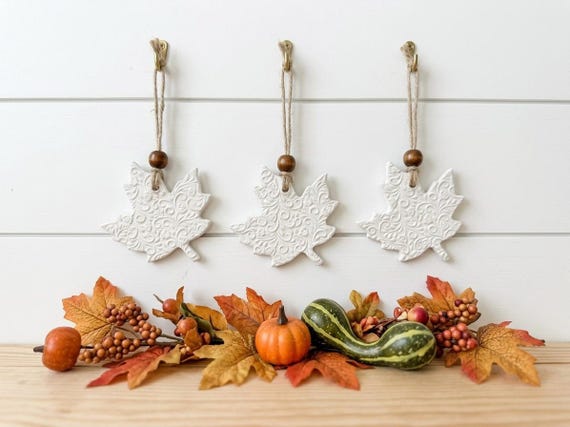 Modern Farmhouse Maple Leaf Ornaments, Set of 3 | textured white clay Thanksgiving favors