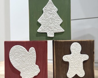 Christmas Wood Block Signs | Holiday Tiered Tray Decor | Embossed Clay Gingerbread Tree Mitten Set