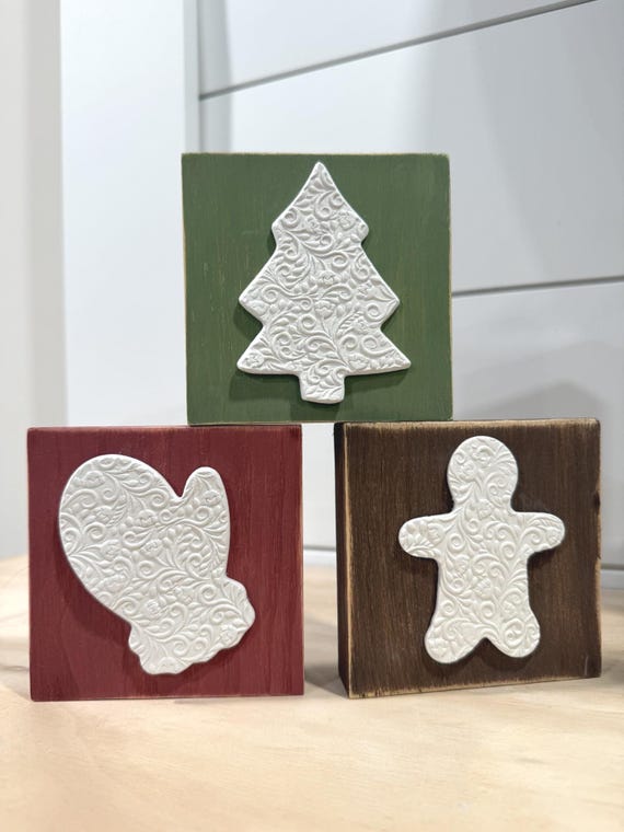 Christmas Wood Block Signs | Holiday Tiered Tray Decor | Embossed Clay Gingerbread Tree Mitten Set