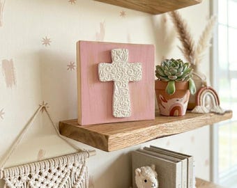 Clay Cross Nursery Block Sign | Handmade Baptism Decor | Newborn Blessing Keepsake