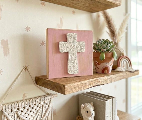 Clay Cross Nursery Block Sign | Handmade Baptism Decor | Newborn Blessing Keepsake
