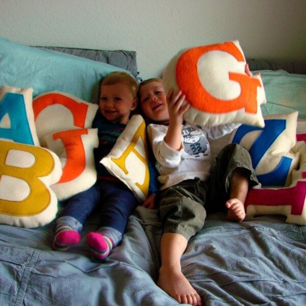 Personalized Children Decor Initial Letter Pillow of Mustard Yellow Appliqued Eco Friendly Felt - B is for Bat