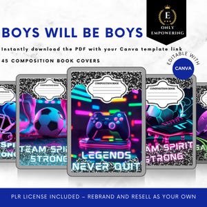 Peut inclure: Couvertures de cahiers de composition sur les thèmes du sport et du jeu. Les couvertures présentent un casque de football américain, un ballon de football et une manette de jeu vidéo. Le texte comprend "BOYS WILL BE BOYS", "TEAM SPIRIT STRONG" et "LEGENDS NEVER QUIT".