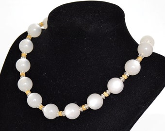 Vintage Necklace with White Plastic Moonglow Beads and Gold Metal Spacers