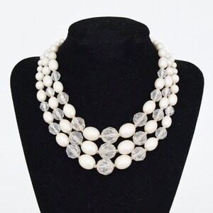Vintage Triple-Stranded Necklace with Frosted Faux Pearls and Plastic Clear Beads