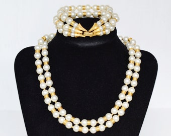 Vintage Bracelet and Necklace Set with Faux Pearls and Gold Tone Metal