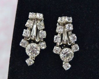 Vintage Clip-On Earrings with Dangling Clear Rhinestones