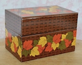 Vintage Tin Recipe Box in Brown with Woven Pattern and Leaves by Syndicate Mfg Co