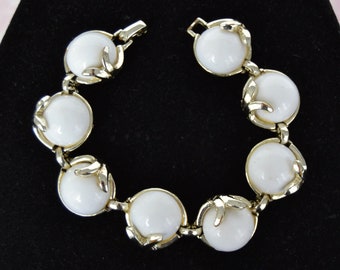 Vintage Bracelet with White Plastic Circles and Silver-Tone Metal Leaves