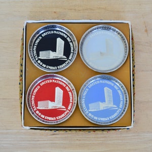 Vintage Set of 4 United Nations Souvenir Coasters in Box Made in Japan