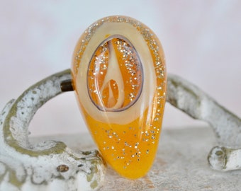 Vintage Yellow Brooch with Seashells and Glitter Embedded in Resin
