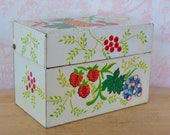 Vintage 1960s Tin Recipe Box with Fruit and Leaf Motifs by J Chen