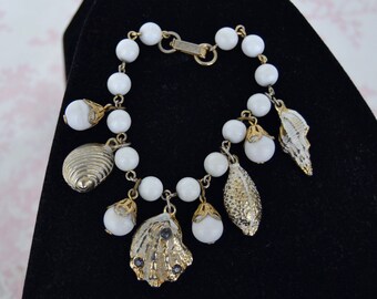 Vintage Charm Bracelet with White Glass Beads and Metal Seashell Charms