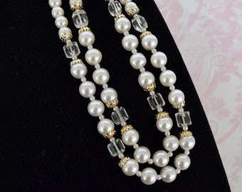 Vintage Double Strand Necklace with Plastic Faux Pearl Beads and Glass Beads Made in Japan
