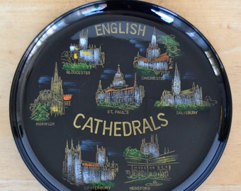 Vintage Black Plastic Tray Featuring English Cathedrals by Photo Greetings London Copyright Made in Japan