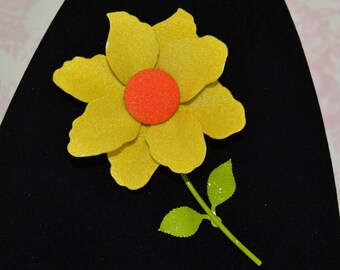 Vintage Flower Brooch with Enamel Leaves and Textured Yellow Petals