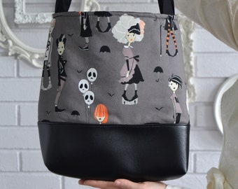 Spooky Day Out Fabric Shoulder Bag Tote with Black Vinyl Bottom and Black Canvas Straps