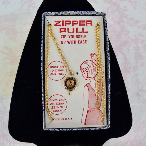 Vintage 1960s Zipper Pull with Gold Tone Metal Chain in Original Box Souvenir of Intercourse Pennsylvania