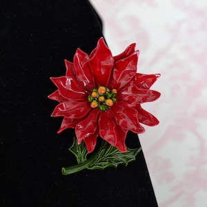 Vintage Poinsettia Flower Brooch with Red and Green Paint Enamel