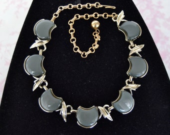 Vintage 1960s Gray Thermoset Necklace with Metal Leaves