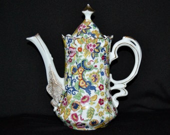 Vintage Ceramic Teapot with Paisley Floral Pattern and Gold Painted Accents by Lefton Made in Japan