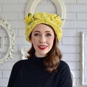 Vintage 1960s Yellow Fabric Hat with Yellow Fabric Flowers and Green Leaves by Mr Lewis