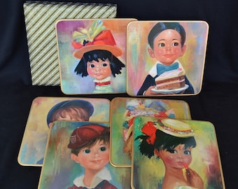 Vintage Placemat or Large Coaster Set of 6 Illustrated Children in Box by Win-El-Ware Made in England