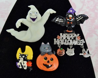 Vintage Collection of Halloween Brooches and Plastic Pins of Ghosts Bats Cats and Pumpkins