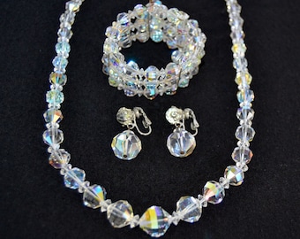 Vintage Glass Beaded Jewelry Set with Necklace and Bracelet and Clip On Earrings Made of AB Iridescent Beads