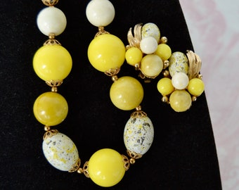 Vintage Necklace and Clip-On Earring Set with Plastic Yellow Beads and Speckled Beads by ART