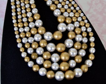 Vintage Necklace with Five Strands of Faux Pearl and Plastic Gold Beads Made in Japan