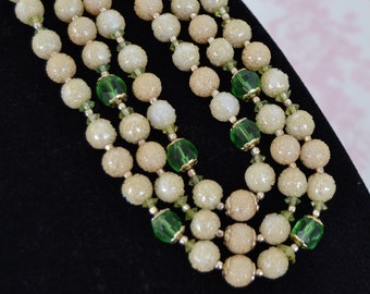 Vintage Necklace with Three Strands of Plastic Sugar Beads and Green Glass Beads Made in Japan