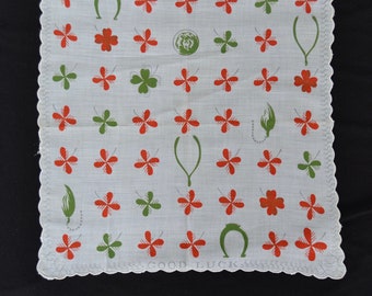 Vintage 'Good Luck' Handkerchief with Four Leaf Clovers and Wishbones and Horseshoes