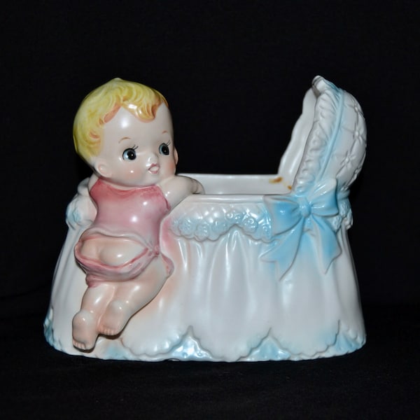 Vintage 1960s Ceramic Planter of Baby Climbing Out of Cradle by Lego Japan