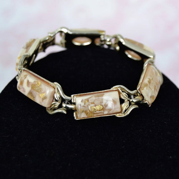 Vintage 1960s Coro Bracelet Made of Gold-Tone Metal with Beige and Gold Thermoset