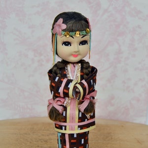 Vintage Brunette Girl Doll with Fabric Outfit and Braided Hair and Painted Fabric Face