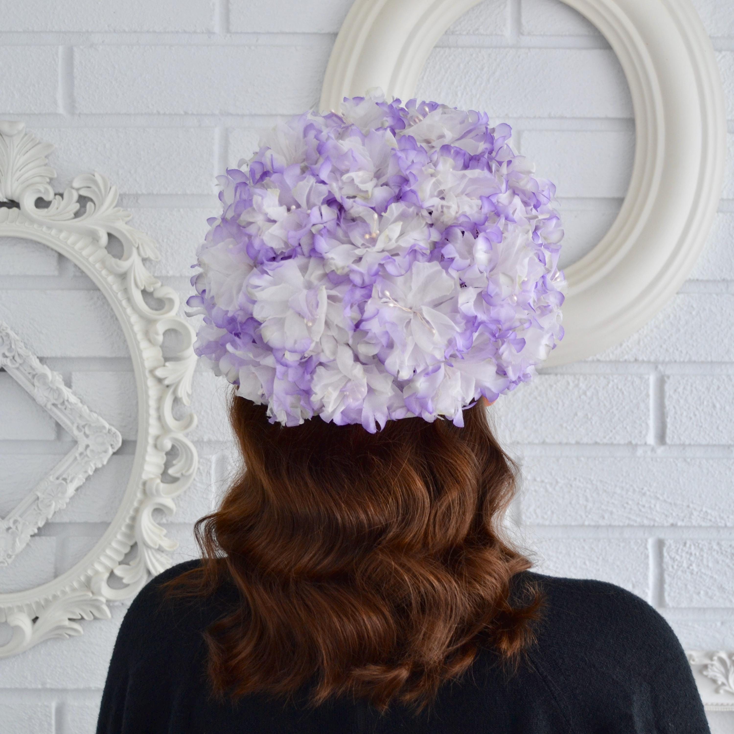 Vintage 50s/60s Purple Floral Hat with netting ties display picture 1