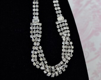 Vintage Choker Braided Necklace with Prong-Set Clear Rhinestones