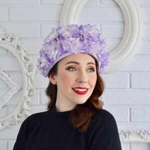 Vintage 60s Pillbox Hat Purple Lavender Velvet Rhinestone Leaves Vintage 1950 main image 3