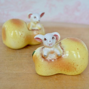 Vintage Rabbits in Pears Ceramic Salt and Pepper Shakers