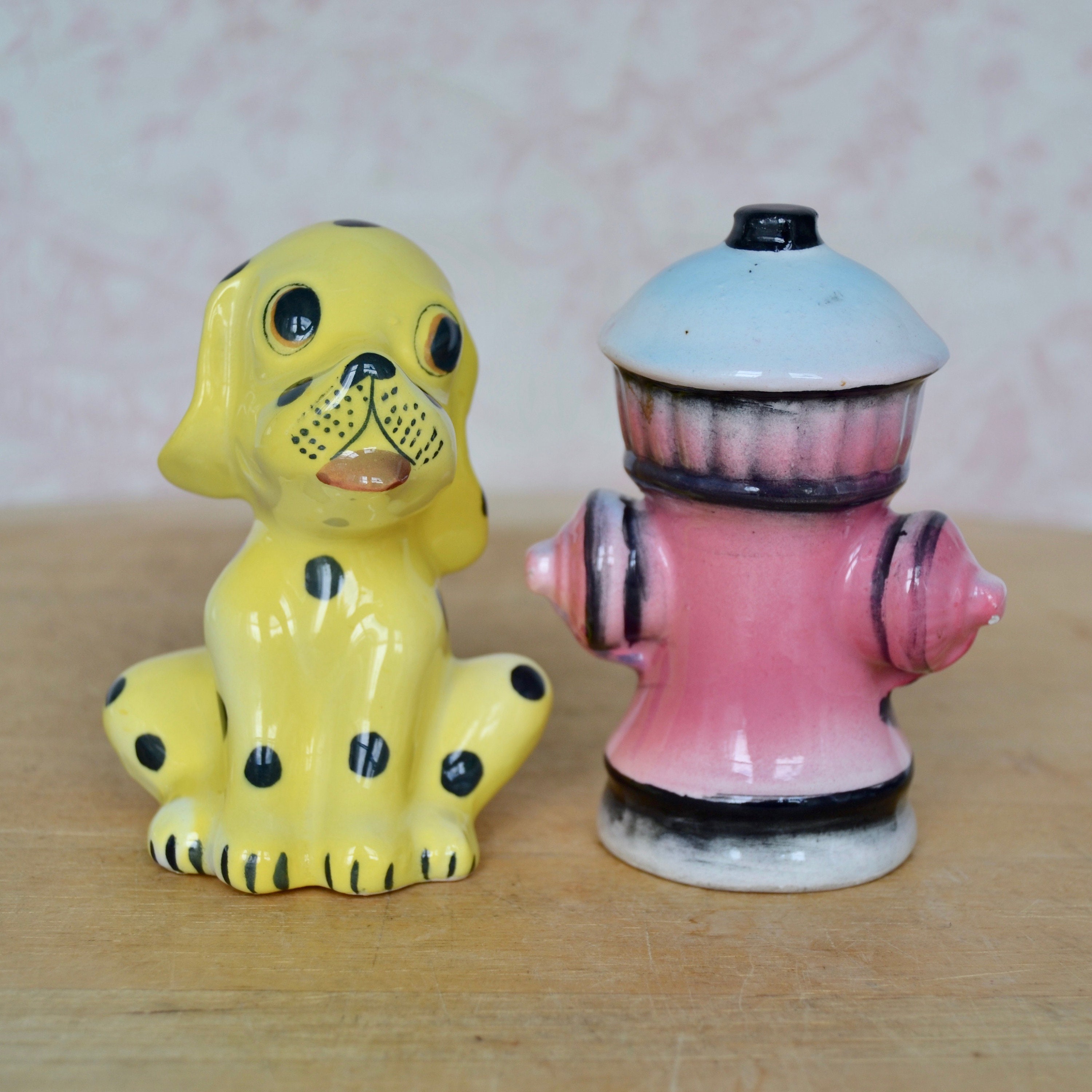 Vintage Yellow Dalmatian and Fire Hydrant Ceramic Salt and Pepper