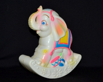 Vintage 1977 Rocking Elephant Toy Hard Plastic by Sanitoy with Neon Colors