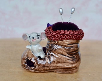 Mouse in a Boot Ceramic and Fabric Pincushion, Vintage and Upcycled