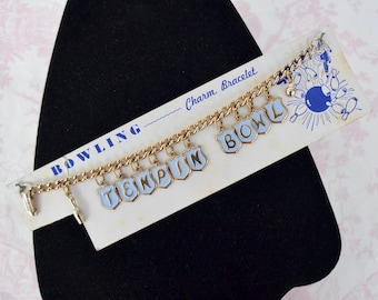Vintage Bowling Ten Pin Bowl Charm Bracelet with Letters and Pins on Paper Card