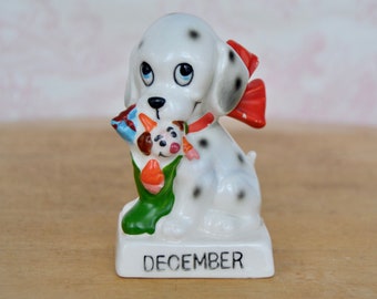 Vintage December Dalmatian Dog with Christmas Stocking Ceramic Figurine Unmarked Norcrest
