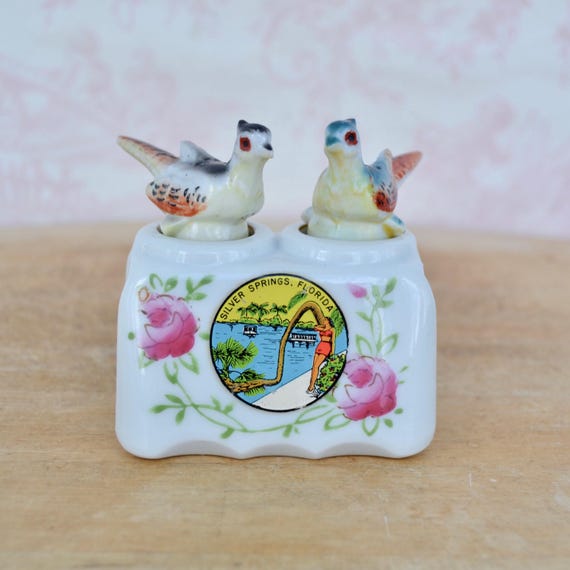 Vintage Pheasant Nodder Salt and Pepper Shakers Souvenir Silver